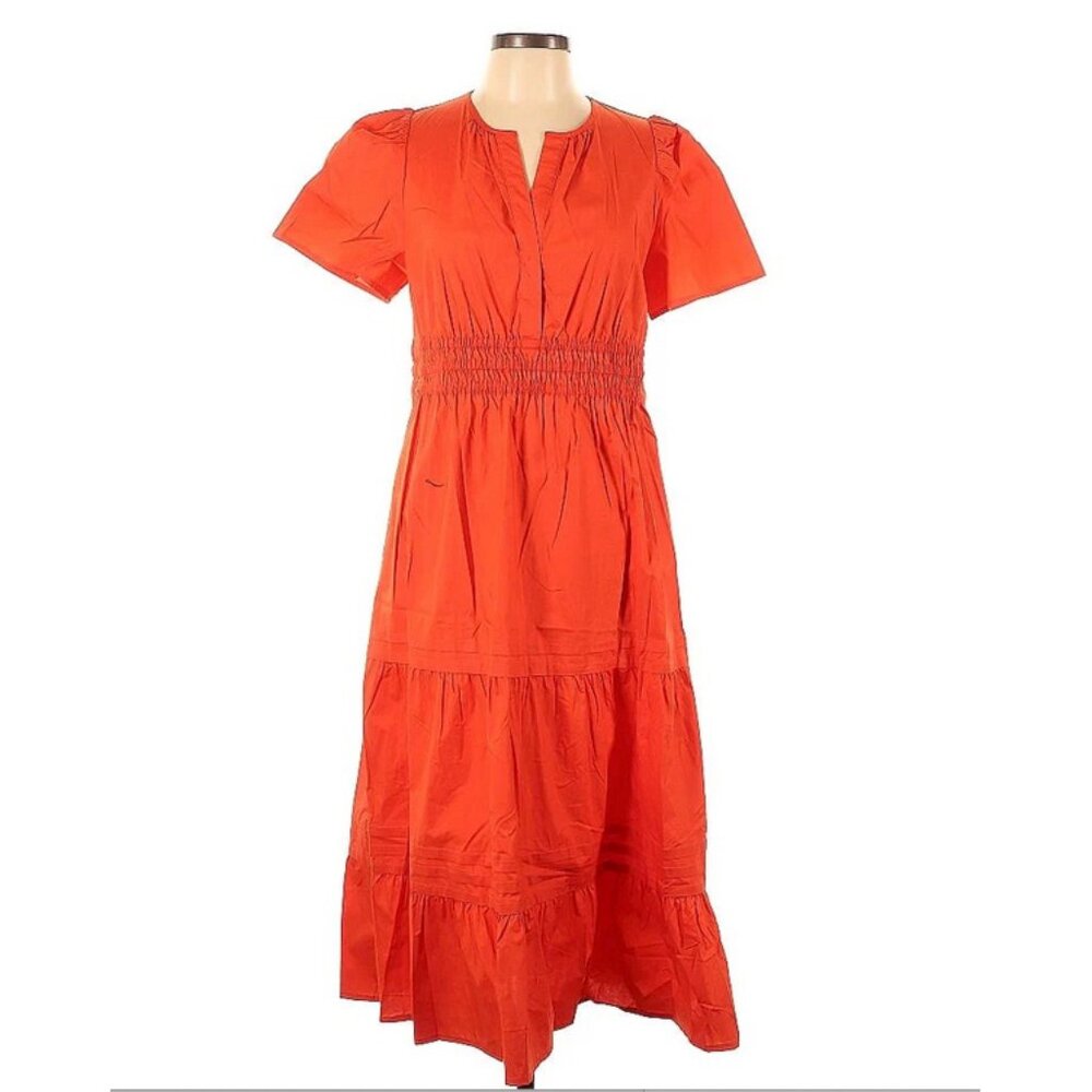 Quince 100% vermillion red organic cotton tiered midi dress size large